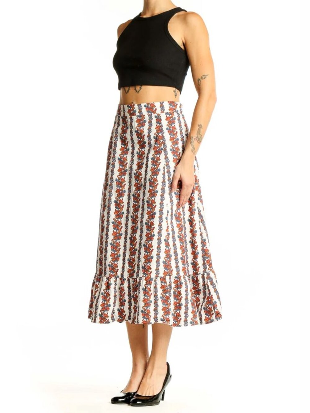 O.P.T. White Autumn Floral Striped Cotton Ruffle Midi Skirt small - Picture 2 of 9